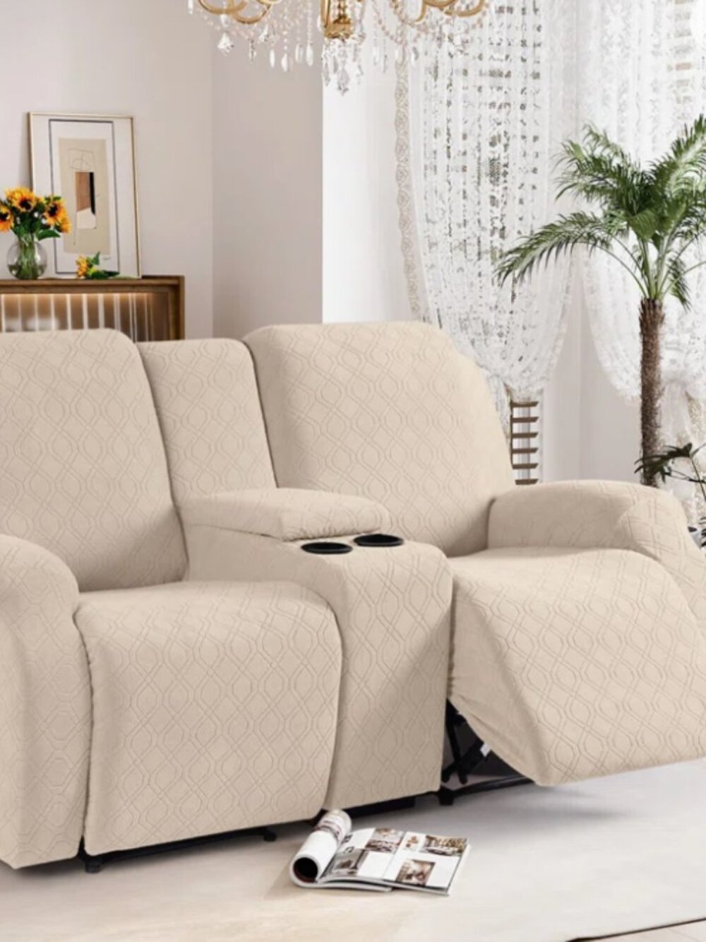 Wald Stretch Jacquard Recliner Chair Loveseat Couch With Console Cover